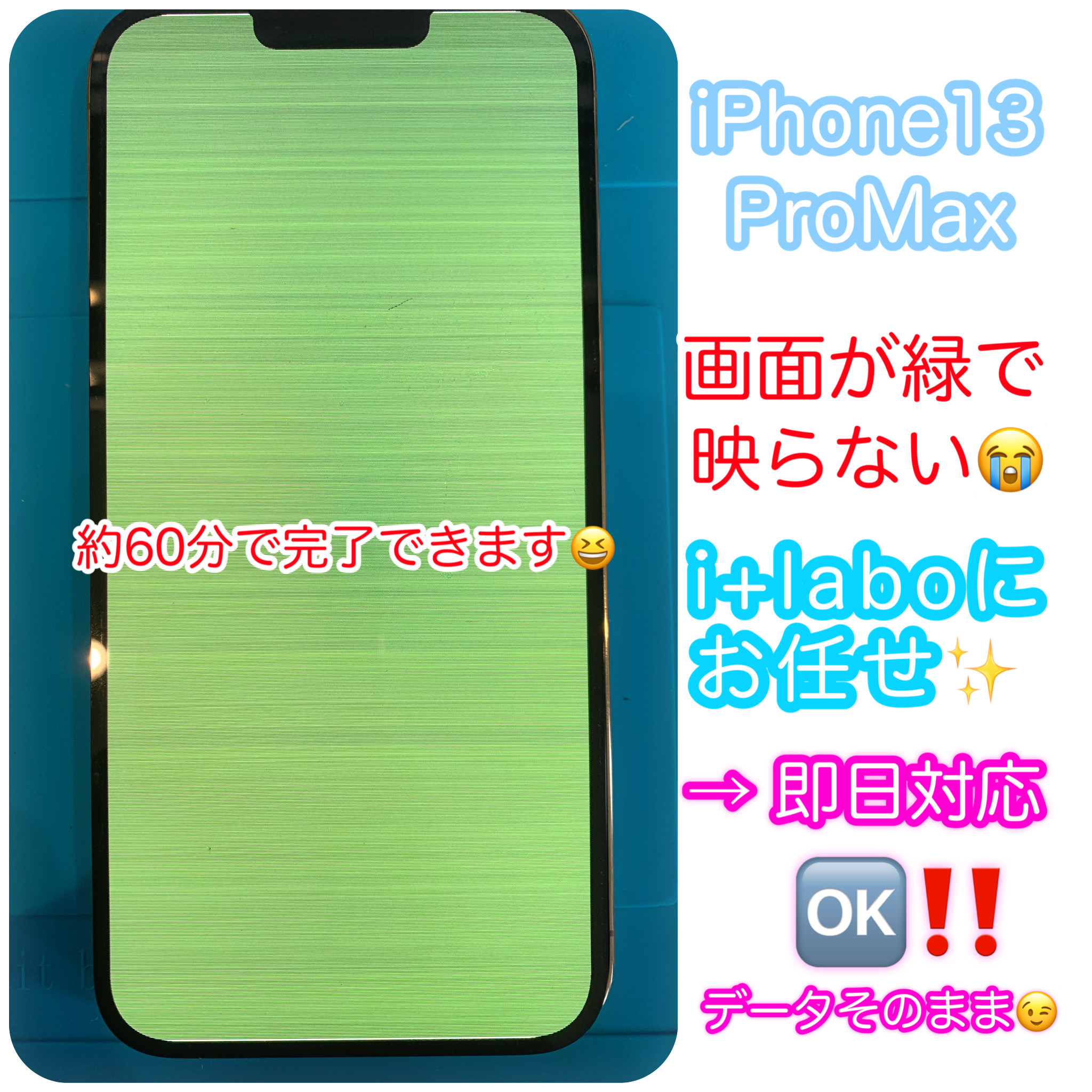 iphone13promaxの画面全体が緑色になっている。