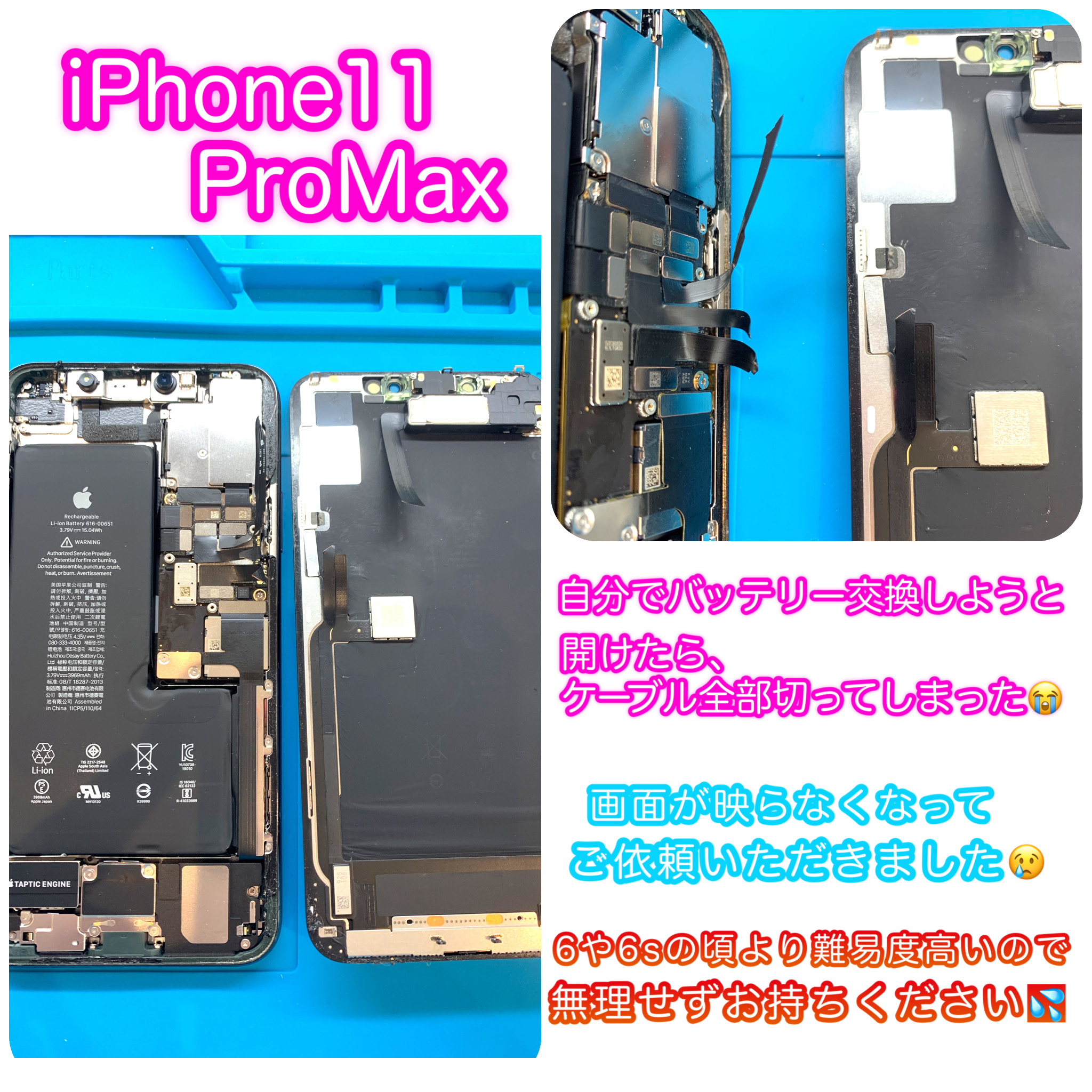 iphone11promaxの画面と基板を繋ぐケーブルが切れてしまっている様子